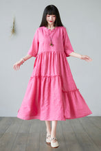 Load image into Gallery viewer, Summer Swing Rose Pink Midi Linen Dress For Women C2281
