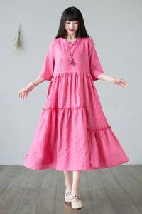 Summer Swing Rose Pink Midi Linen Dress For Women C2281