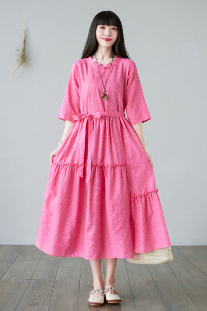 Summer Swing Rose Pink Midi Linen Dress For Women C2281