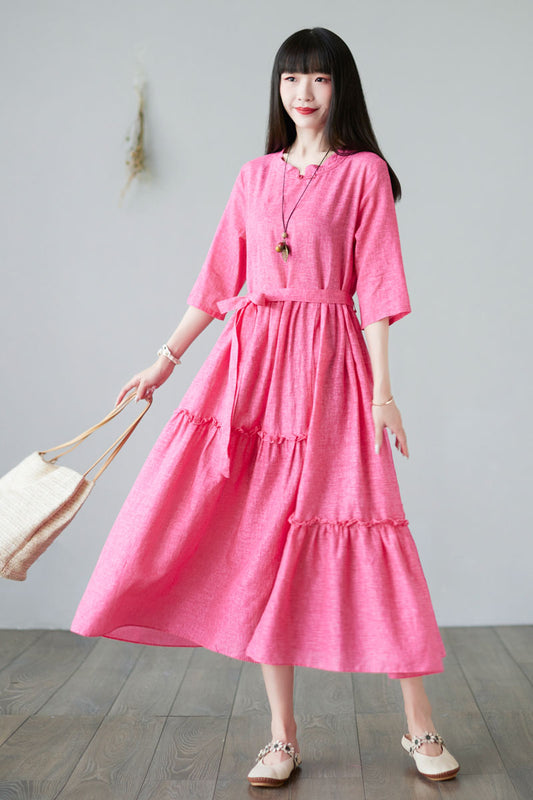 Summer Swing Rose Pink Midi Linen Dress For Women C2281#YY01993