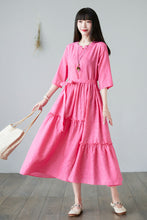 Load image into Gallery viewer, Summer Swing Rose Pink Midi Linen Dress For Women C2281#YY01993
