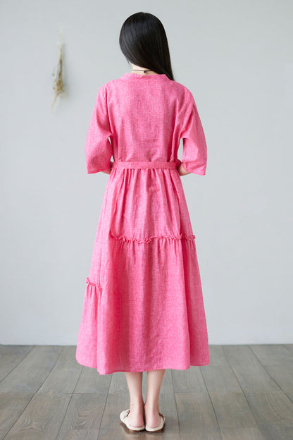 Summer Swing Rose Pink Midi Linen Dress For Women C2281
