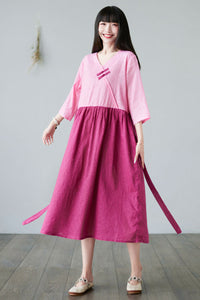 Casual Long Patchwork Linen Dress For Women C2282#YY05126