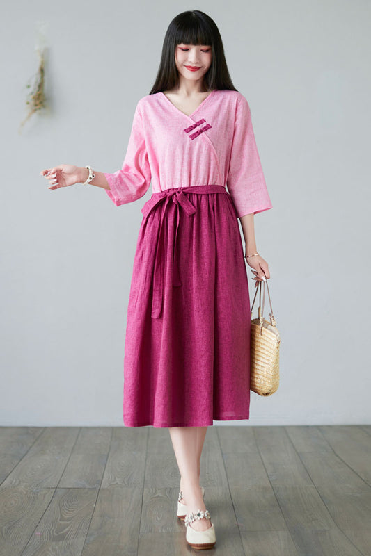 Casual Long Patchwork Linen Dress For Women C2282#YY05126