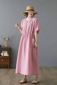 Summer Women Pink Midi Linen Dress C223301