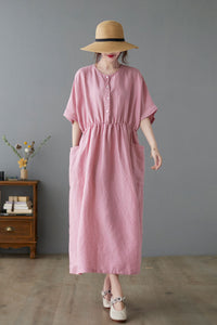 Summer Women Pink Midi Linen Dress C223301