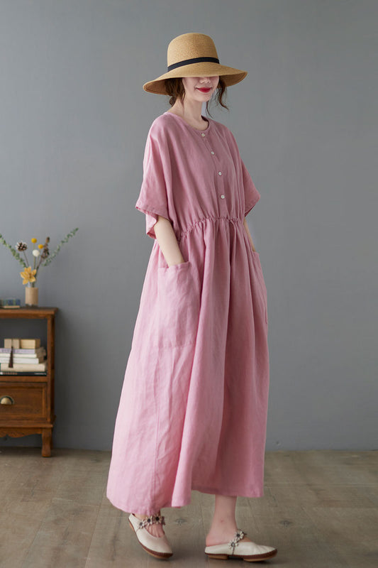 Summer Women Pink Midi Linen Dress C223301