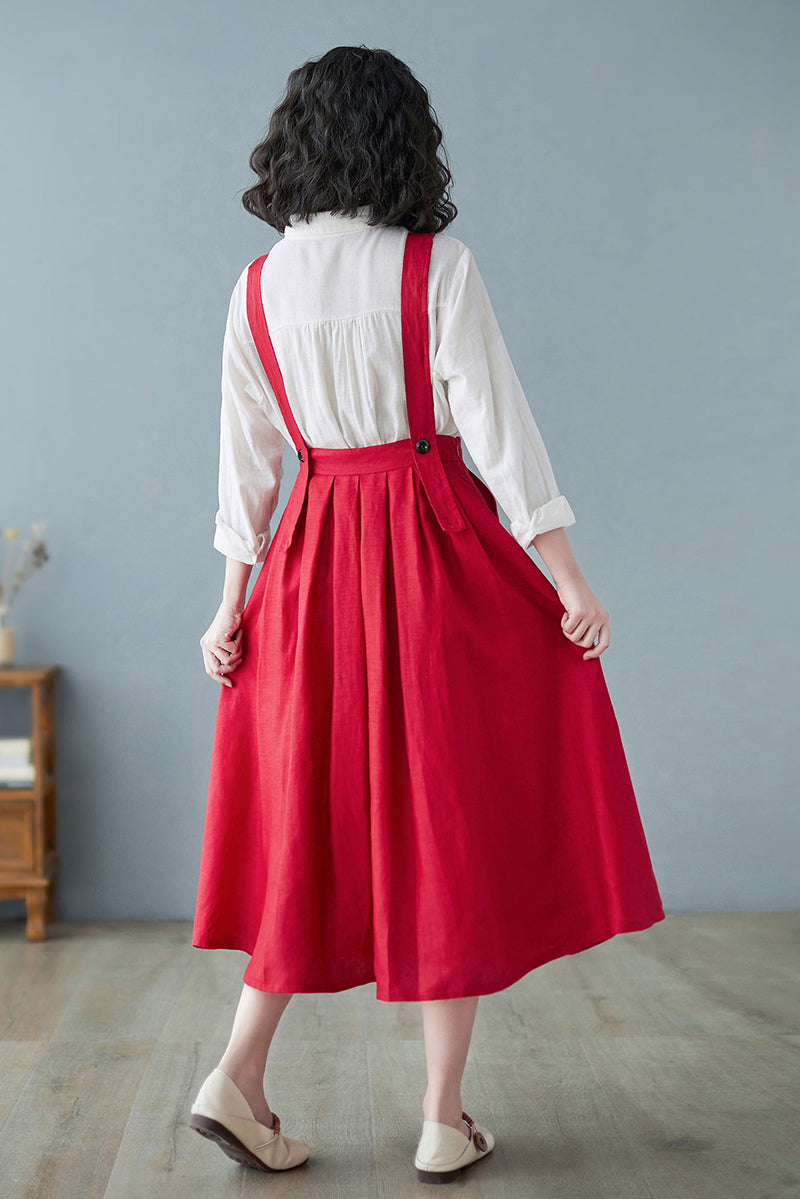 Women Summer Sleeveless Pinafore Red Linen A line Dress C2725#CK2200197
