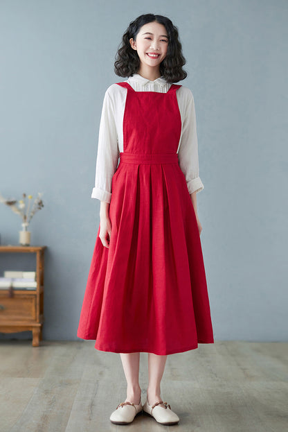 Women Summer Sleeveless Pinafore Red Linen A line Dress C2725#CK2200197