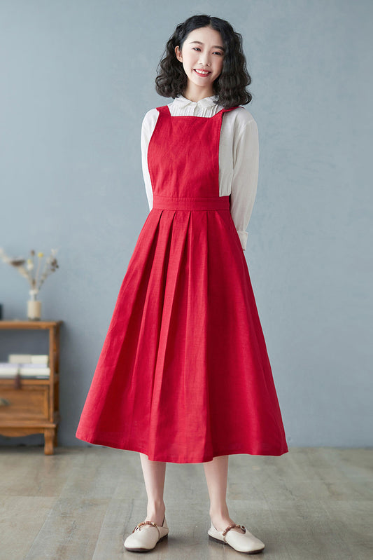 Women Summer Sleeveless Pinafore Red Linen A line Dress C2725#CK2200197