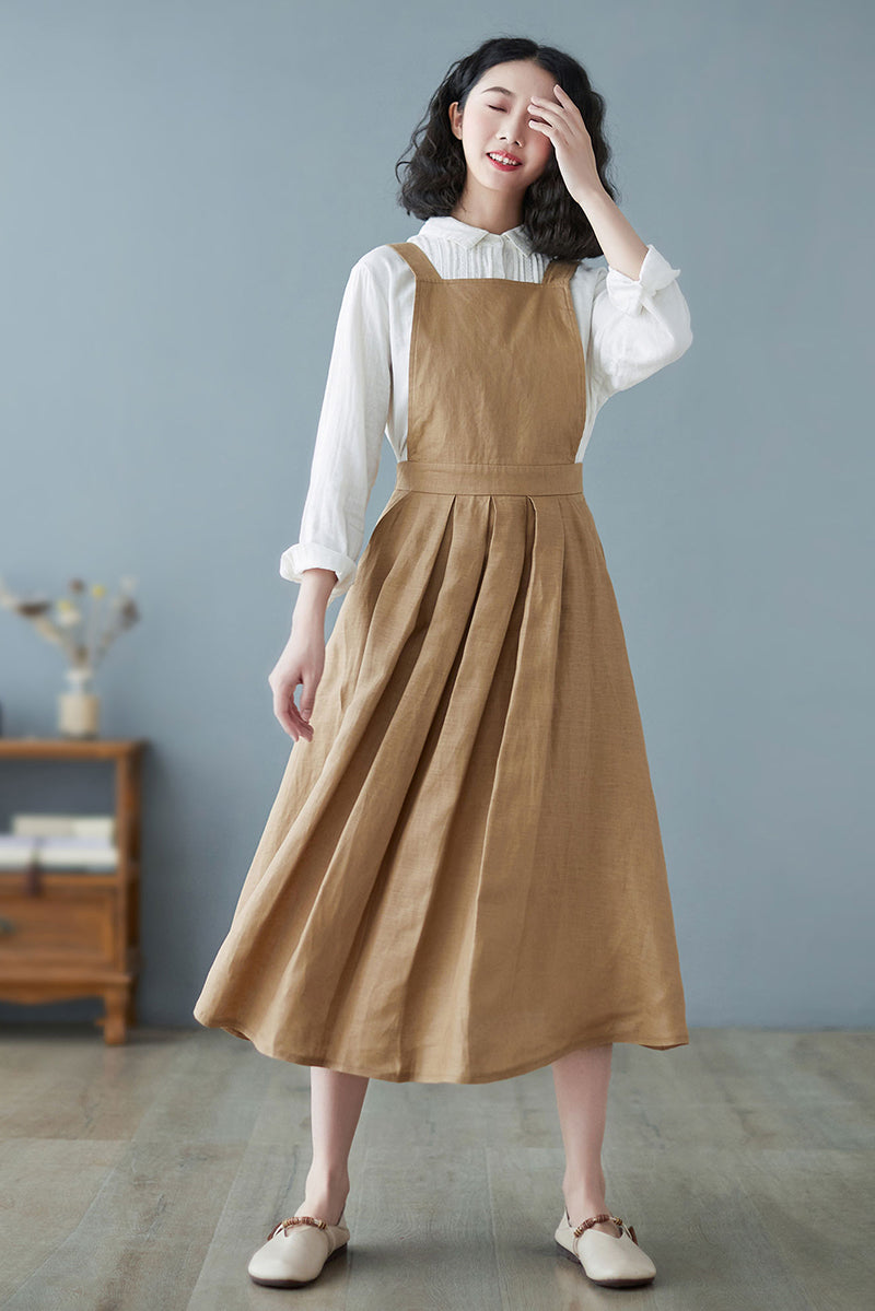 Linen Pinafore Summer Khaki Suspender A-line Dress C2727#CK2200219