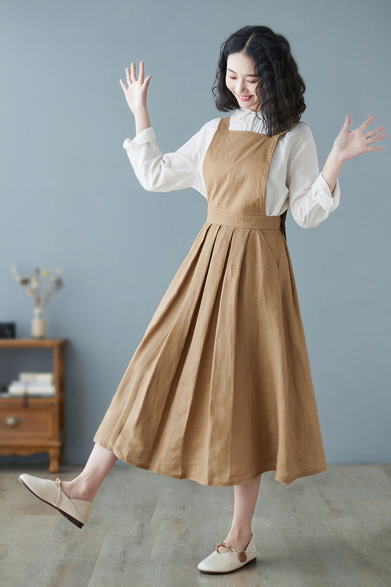 Linen Pinafore Summer Khaki Suspender A-line Dress C2727#CK2200219