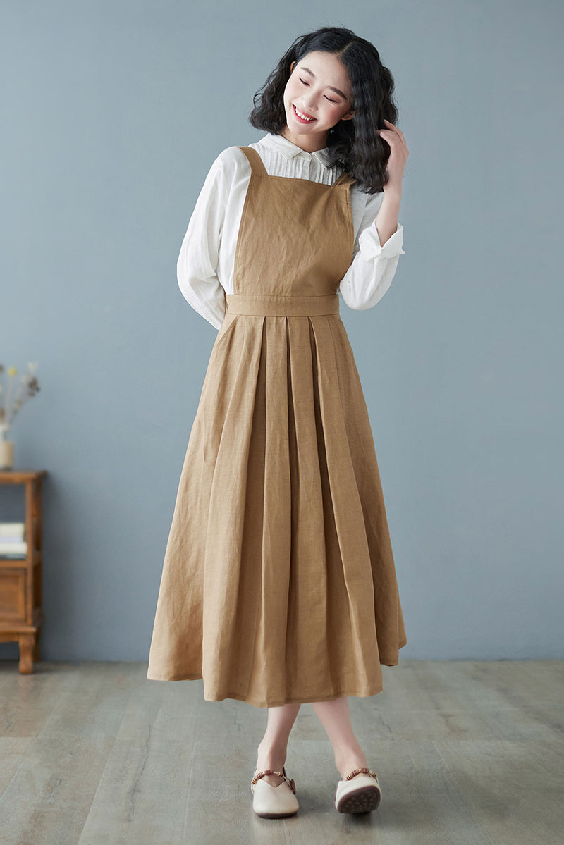 Linen Pinafore Summer Khaki Suspender A-line Dress C2727#CK2200219