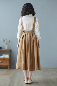 Linen Pinafore Summer Khaki Suspender A-line Dress C2727#CK2200219