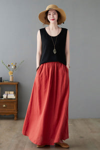 Pleated Elastic Waist Linen Skirt C2242#YY05060