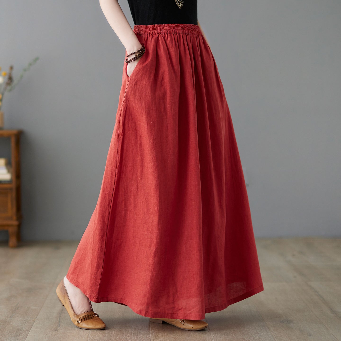 Pleated Elastic Waist Linen Skirt C2242#YY05060