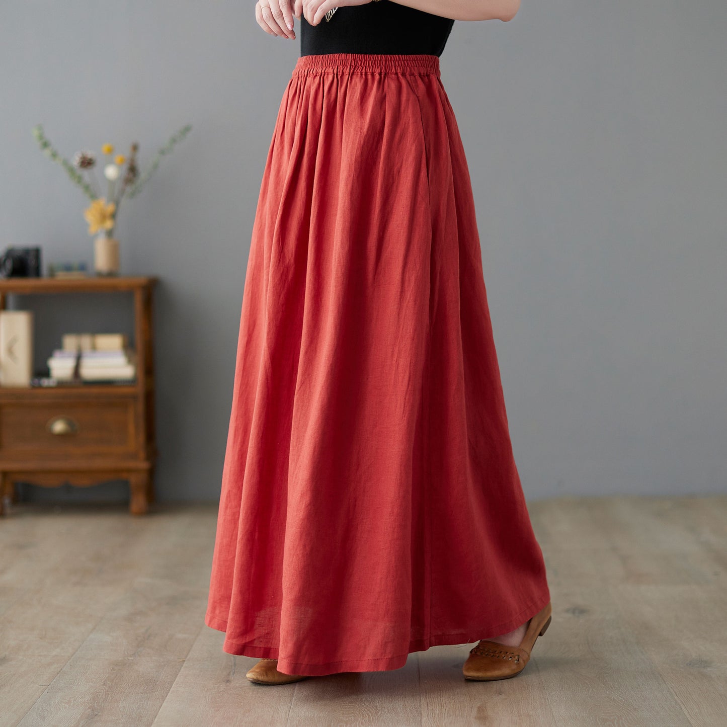 Pleated Elastic Waist Linen Skirt C2242#YY05060
