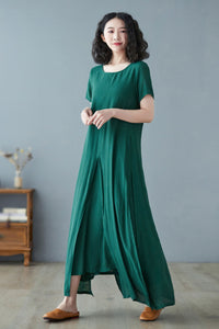 Green Linen Plus Size Maxi Short Sleeve Dress C2729, Size XS #CK2200228