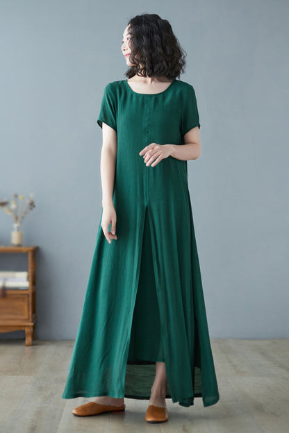 Green Linen Plus Size Maxi Short Sleeve Dress C2729, Size XS #CK2200228