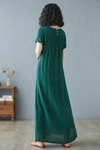 Load image into Gallery viewer, Green Cotton Linen Plus Size Maxi Short Sleeve Dress C2729#CK2200228
