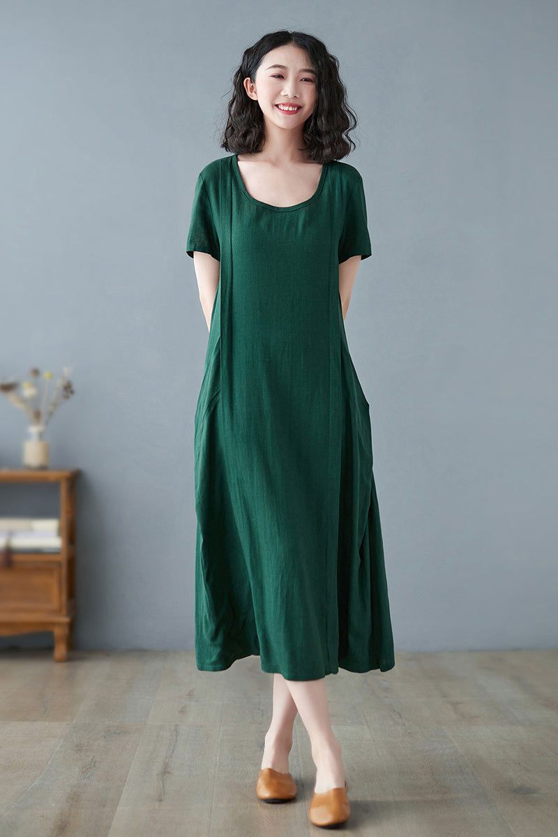 Summer Short Sleeve Linen Midi Plus Size Casual Loose Dress C2731#CK2200231