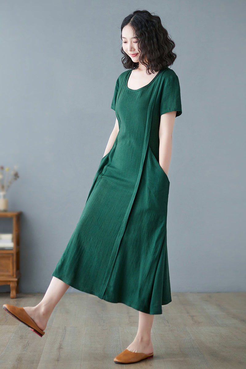 Linen Midi Plus Size Casual Loose Dress C2731, Size US2#CK2200231
