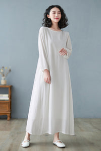 Oversized Long Linen Maxi Dress in White C2732