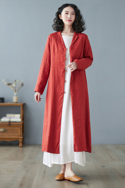 Orange red Long Linen Trench Coat C2733