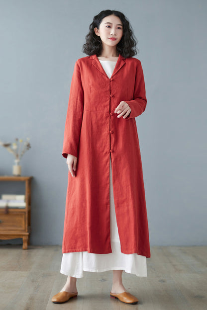 Orange red Long Linen Trench Coat C2733