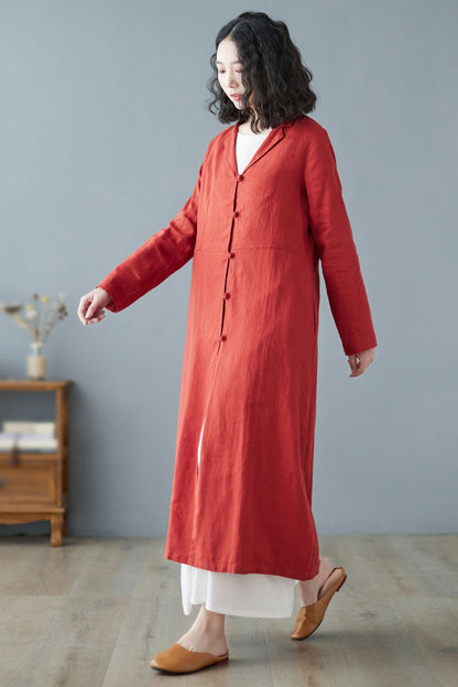 Orange red Long Linen Trench Coat C2733