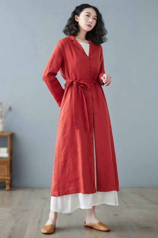 Orange red Long Linen Trench Coat C2733