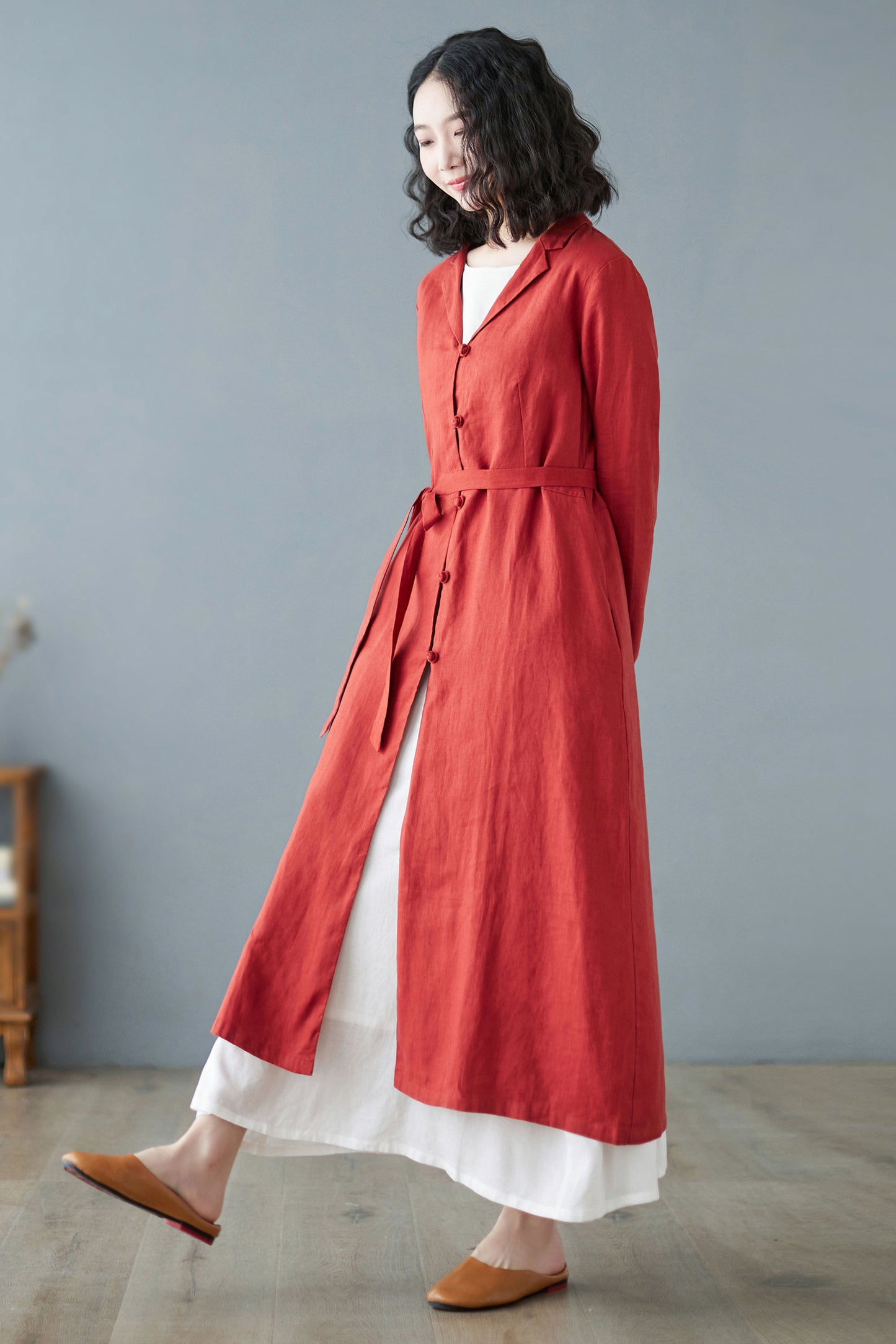 Orange red Long Linen Trench Coat C2733