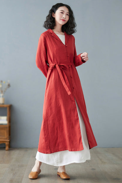 Orange red Long Linen Trench Coat C2733
