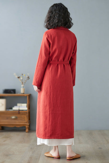 Orange red Long Linen Trench Coat C2733