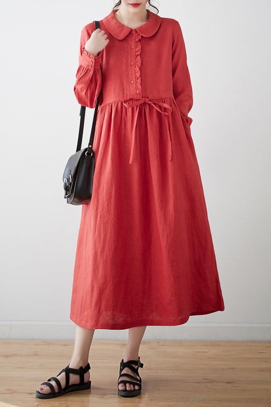 Red Linen Midi Dress C3177