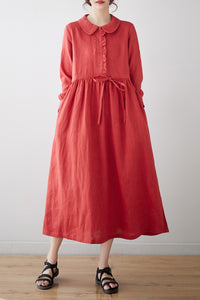 Red Linen Midi Dress C3177