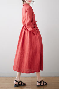 Red Linen Midi Dress C3177