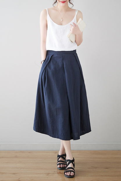 Navy Blue Casual Linen Skirt C3179