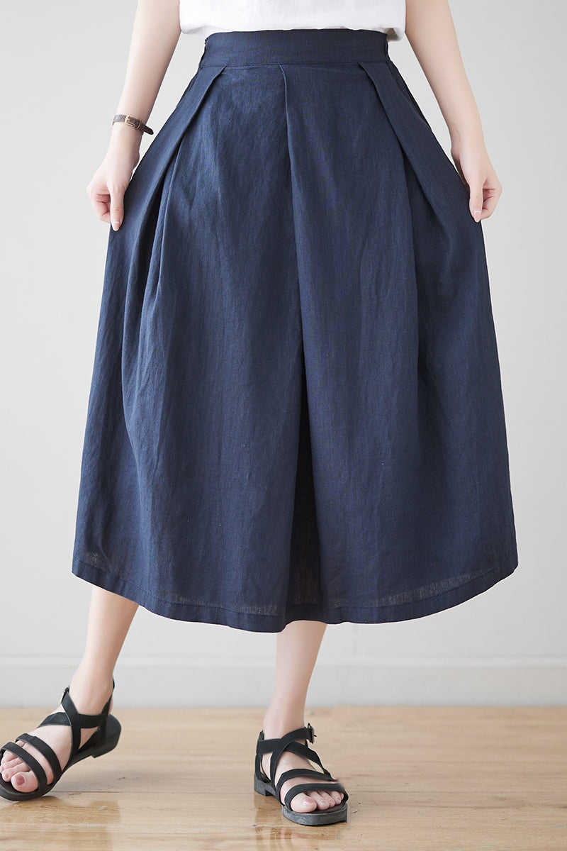 Navy Blue Casual Linen Skirt C3179