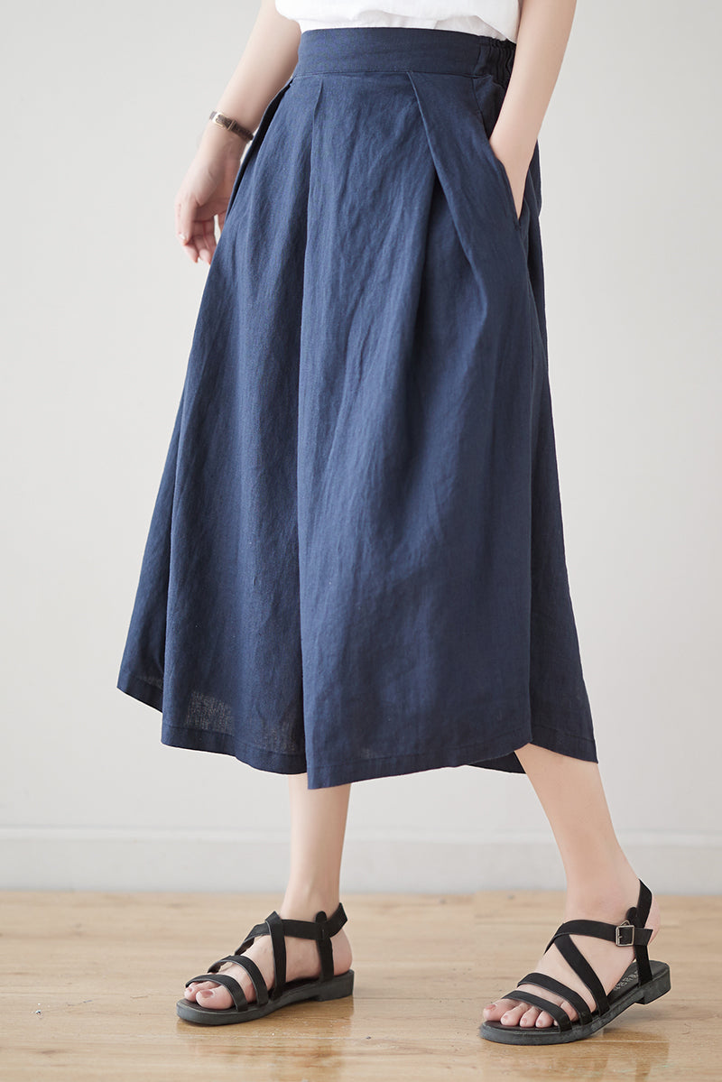 Navy Blue Casual Linen Skirt C3179