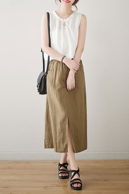Spring Summer Linen Midi Skirt C3181
