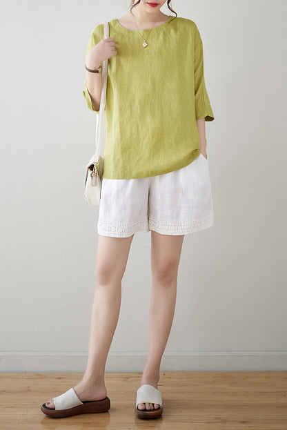 Green Half Sleeve Linen Tops C3182