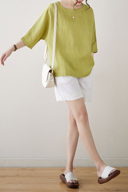 Green Half Sleeve Linen Tops C3182