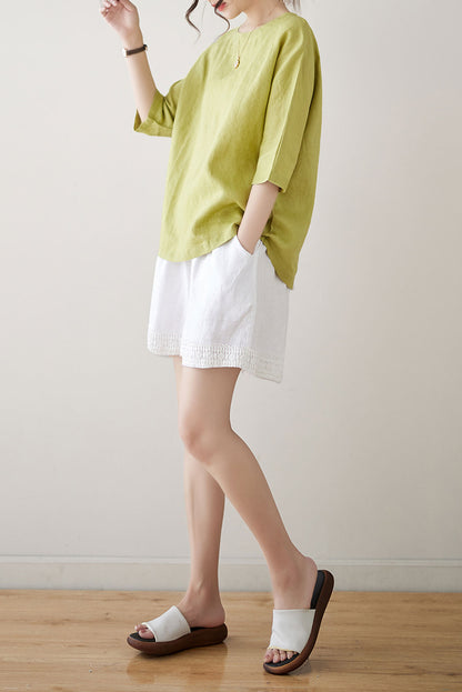 Green Half Sleeve Linen Tops C3182