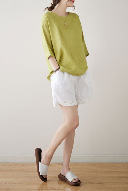 Green Half Sleeve Linen Tops C3182
