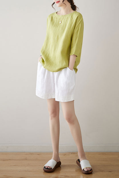 Green Half Sleeve Linen Tops C3182
