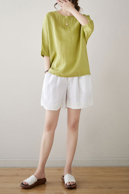 Green Half Sleeve Linen Tops C3182