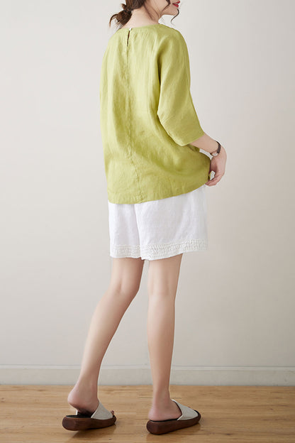 Green Half Sleeve Linen Tops C3182