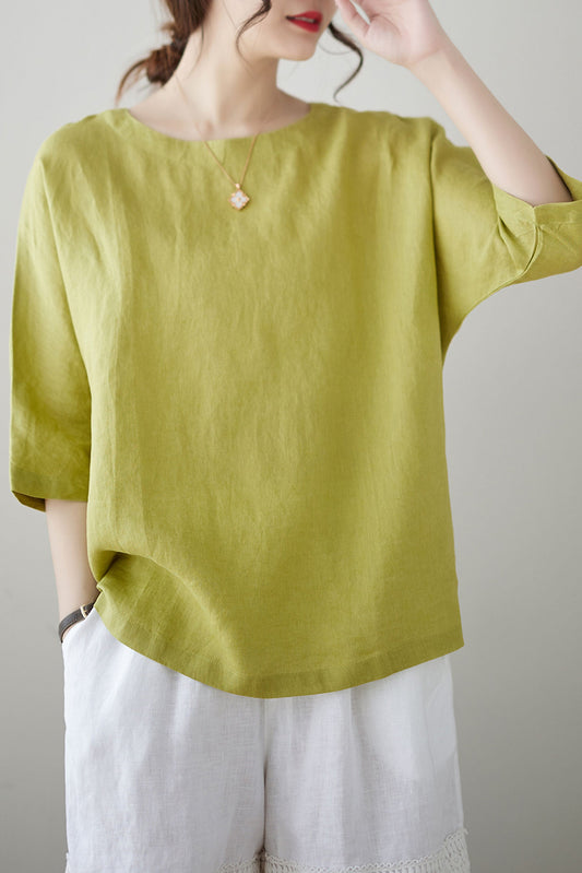 Green Half Sleeve Linen Tops C3182