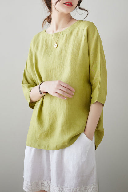 Green Half Sleeve Linen Tops C3182